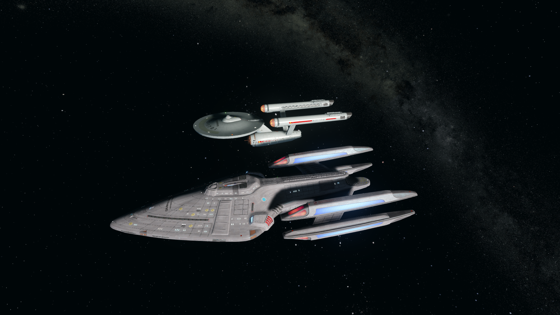 Star Trek Online size comparison of the Typhon and the original-series Enterprise